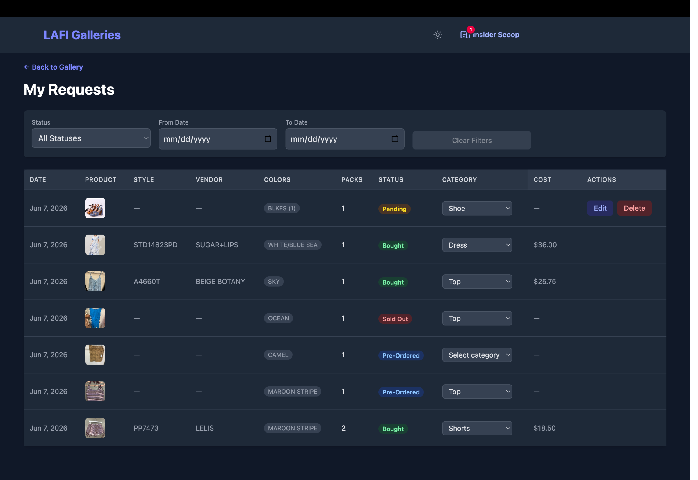 Client portal showing a purchased item with vendor name and style number
