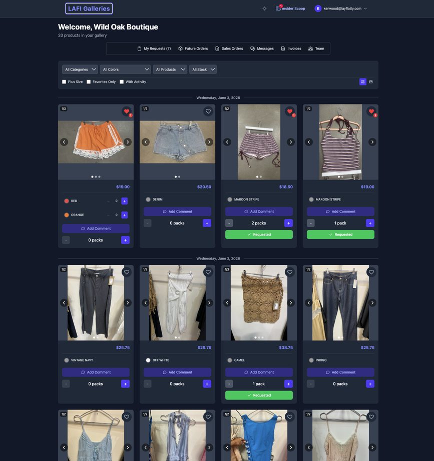 LA Fashion Insider client portal showing the day&rsquo;s curated finds with prices, color options, and request status