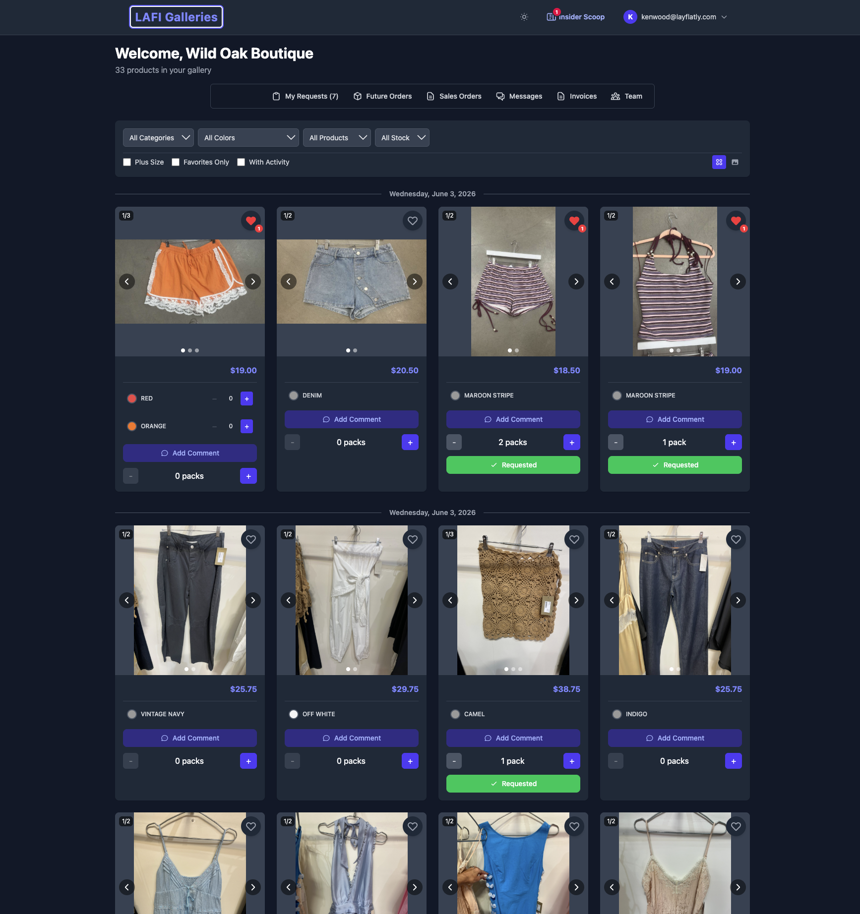 Client portal showing the day's curated finds with color options and prices