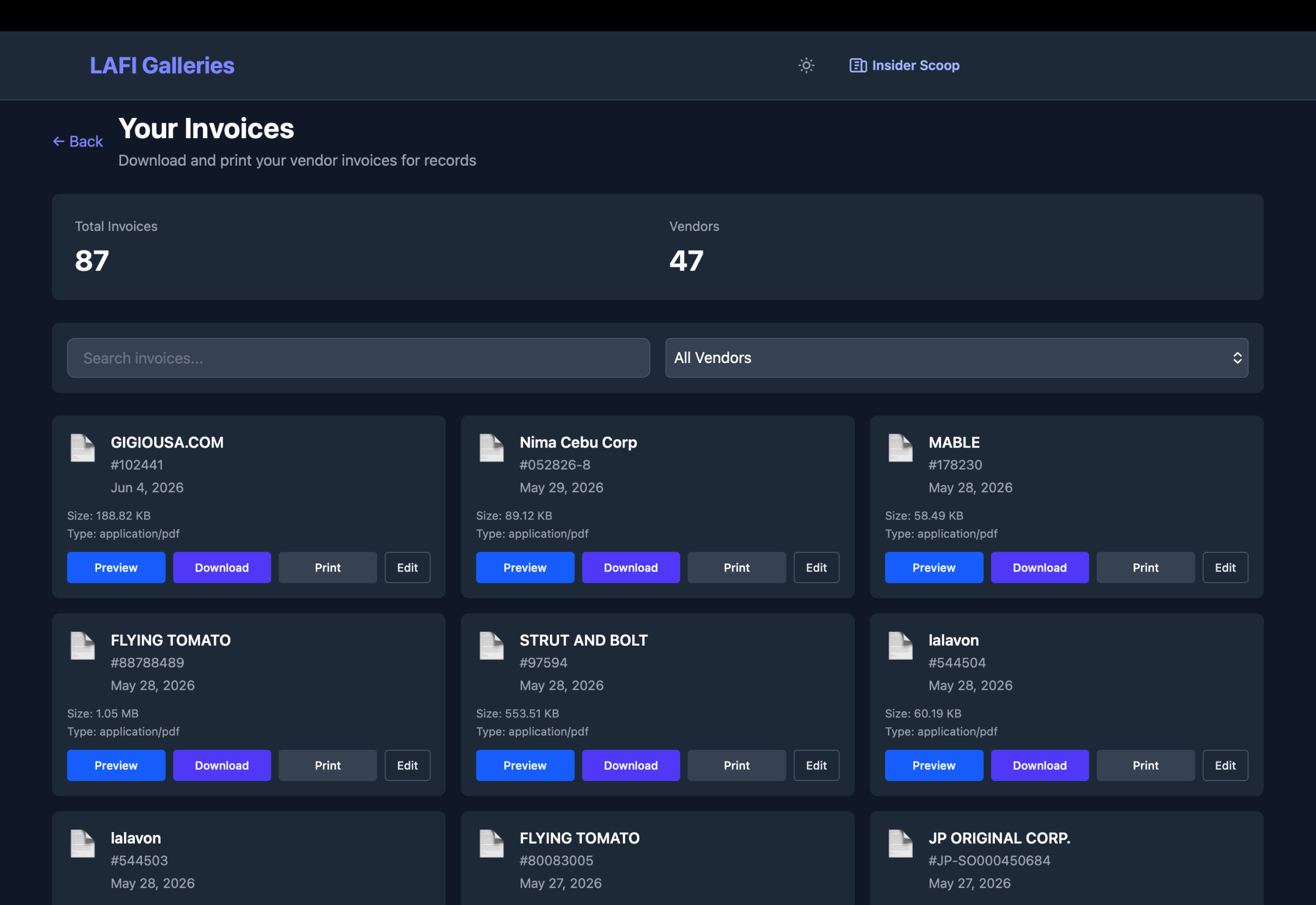 Client portal showing the invoices folder and pre-order tracking