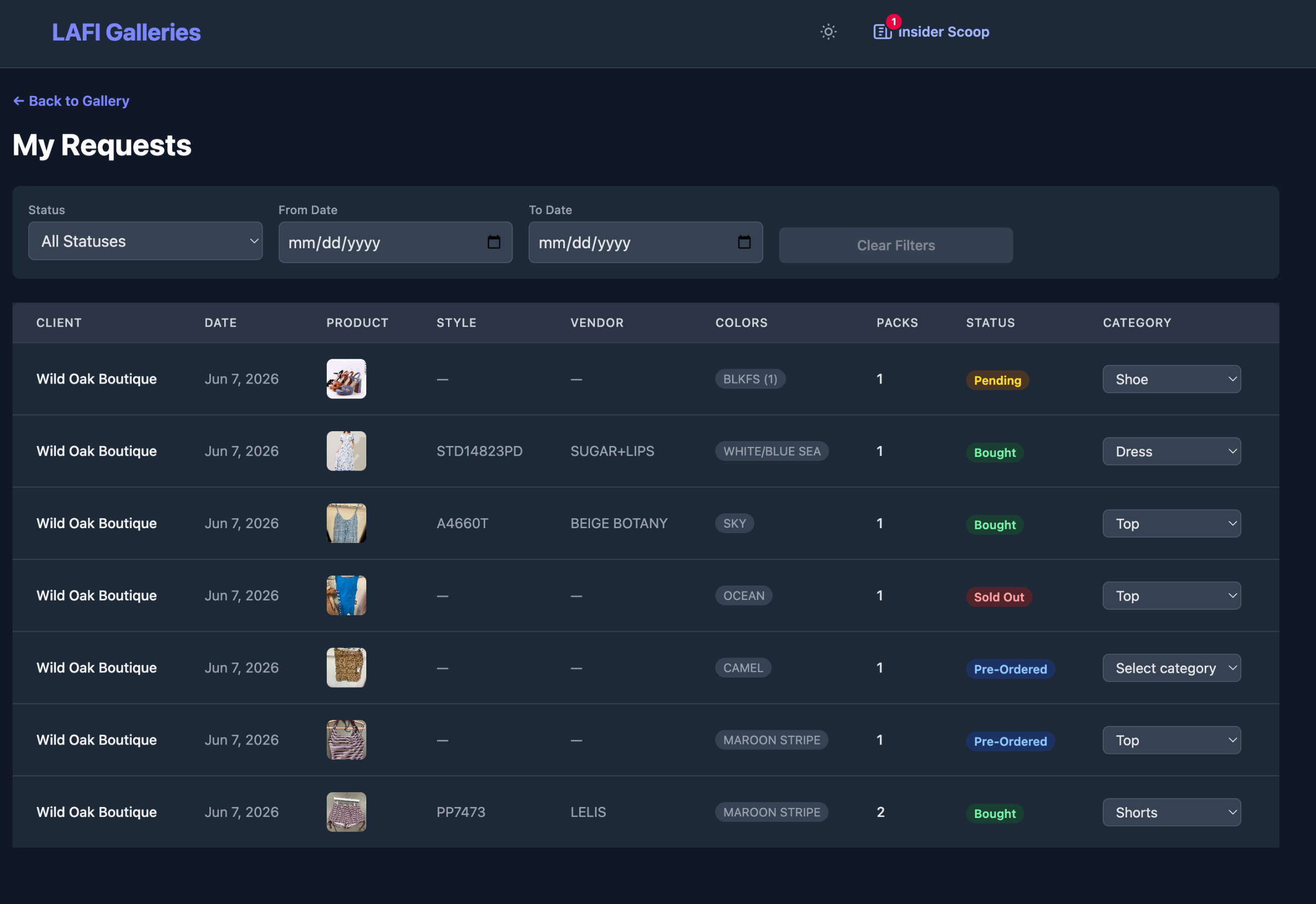 Client portal showing a buying request with live status updates from the buyer
