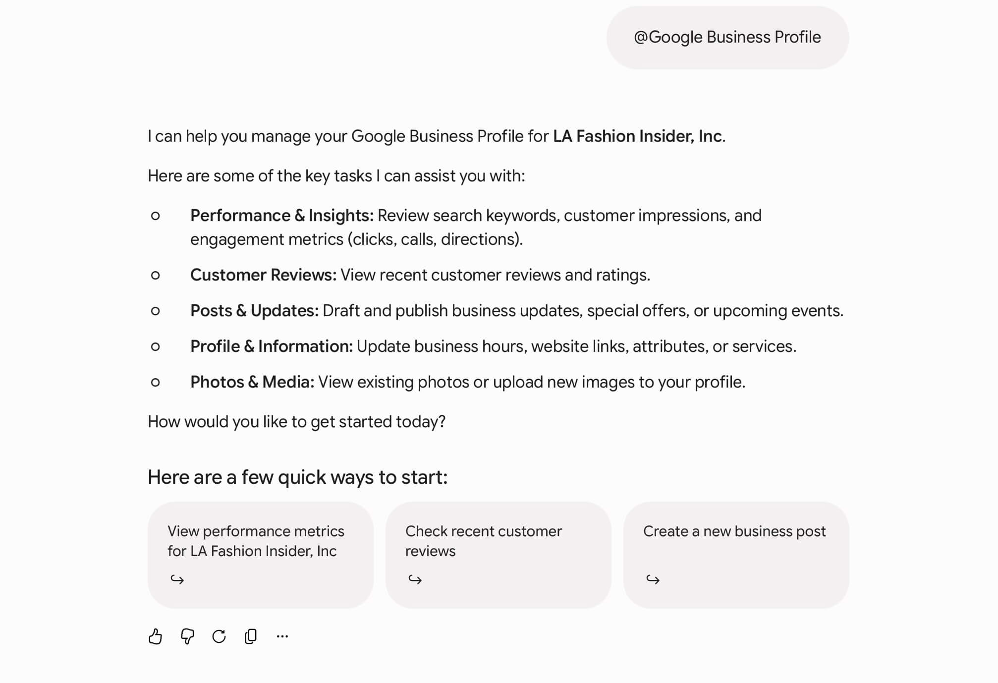 Gemini chat connected to Google Business Profile for LA Fashion Insider, showing quick-start options for performance metrics, customer reviews, and business posts