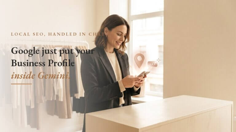Boutique owner checking her Google Business Profile in Gemini on her phone at the shop counter